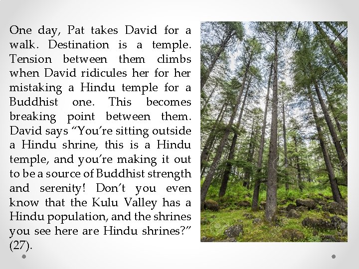 One day, Pat takes David for a walk. Destination is a temple. Tension between