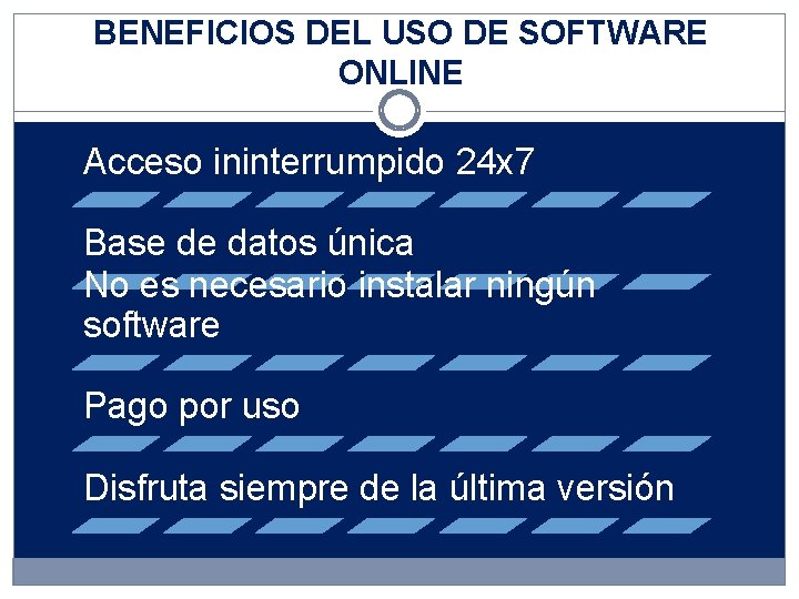 BENEFICIOS DEL USO DE SOFTWARE ONLINE Acceso ininterrumpido 24 x 7 Base de datos