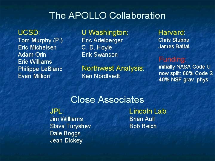 The APOLLO Collaboration UCSD: U Washington: Harvard: Tom Murphy (PI) Eric Michelsen Adam Orin