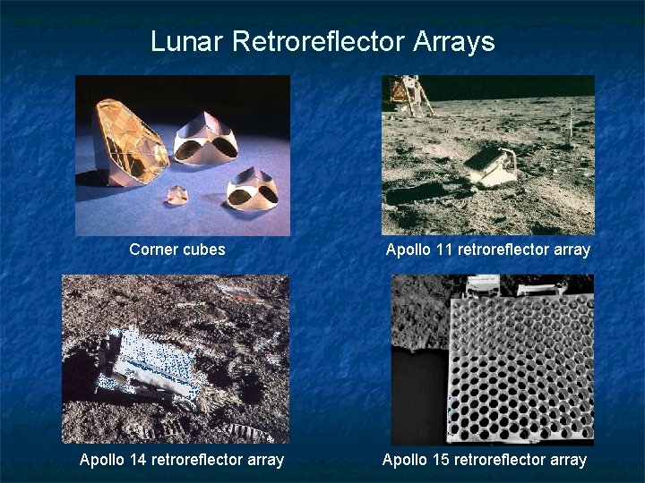 Lunar Retroreflector Arrays Corner cubes Apollo 11 retroreflector array Apollo 14 retroreflector array Apollo