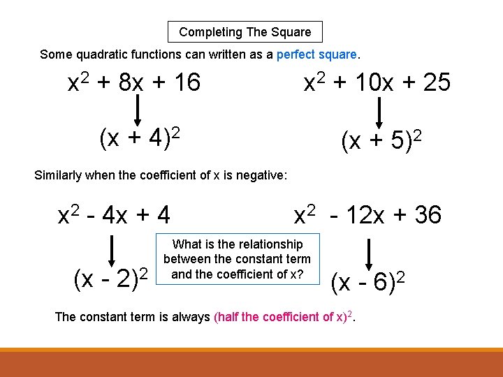 Completing The Square Some quadratic functions can written as a perfect square. x 2