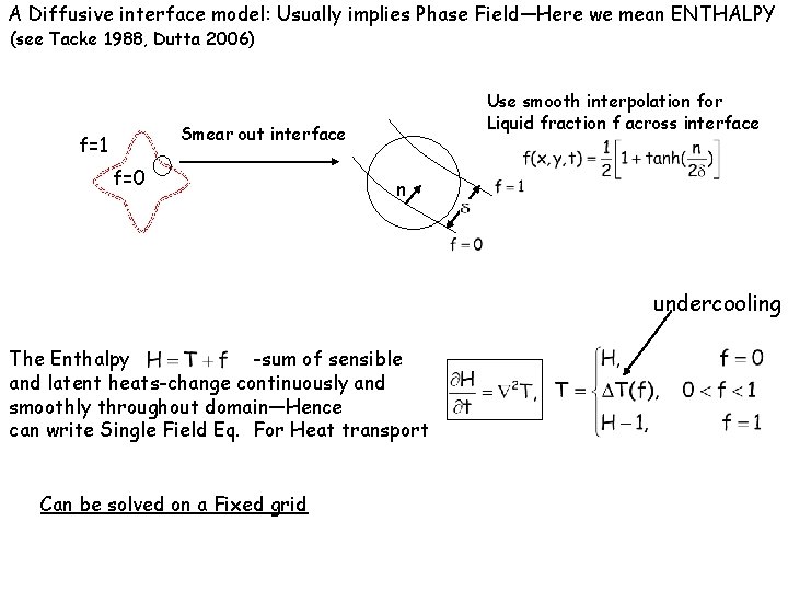 A Diffusive interface model: Usually implies Phase Field—Here we mean ENTHALPY (see Tacke 1988, A Diffusive interface model: Usually implies Phase Field—Here we mean ENTHALPY (see Tacke 1988,