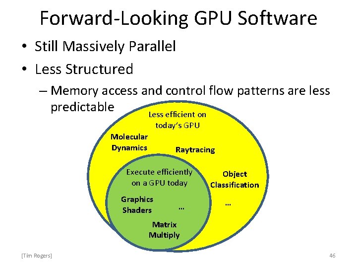 Forward-Looking GPU Software • Still Massively Parallel • Less Structured – Memory access and
