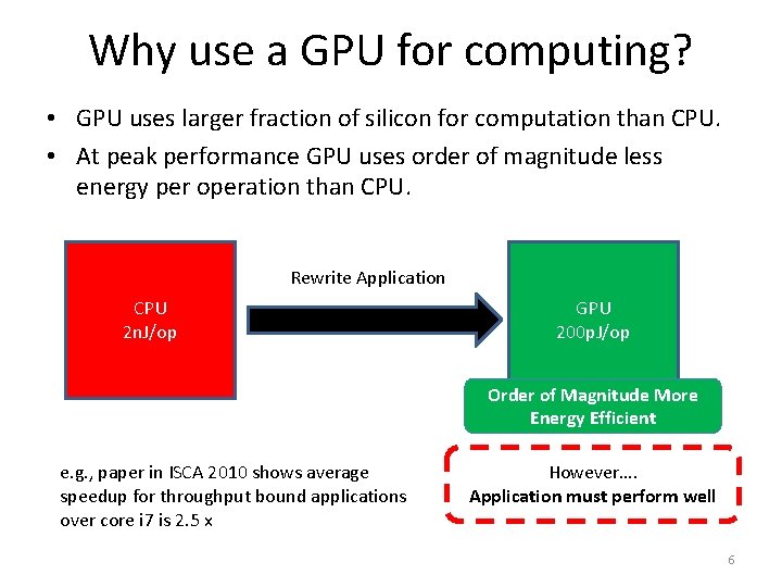 Why use a GPU for computing? • GPU uses larger fraction of silicon for