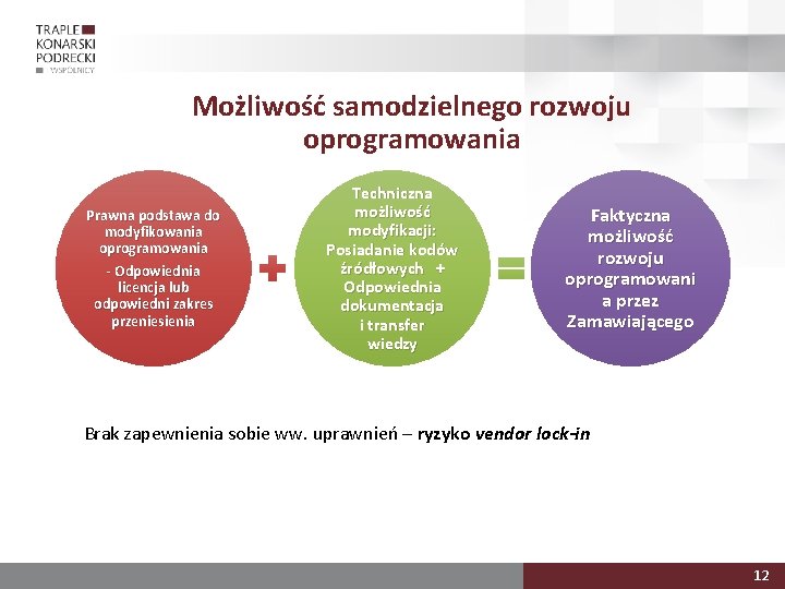  Możliwość samodzielnego rozwoju oprogramowania Prawna podstawa do modyfikowania oprogramowania - Odpowiednia licencja lub