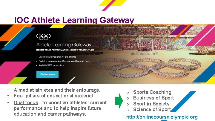 IOC Athlete Learning Gateway • • • Aimed at athletes and their entourage. Four