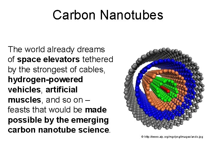 Carbon Nanotubes The world already dreams of space elevators tethered by the strongest of