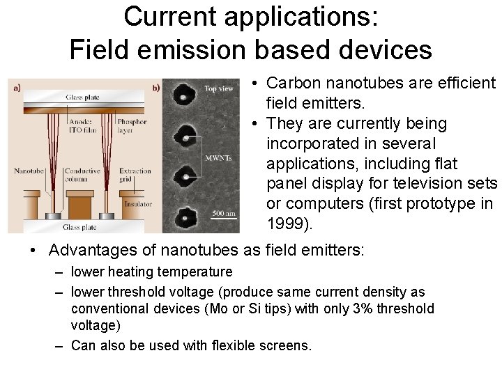 Current applications: Field emission based devices • Carbon nanotubes are efficient field emitters. •