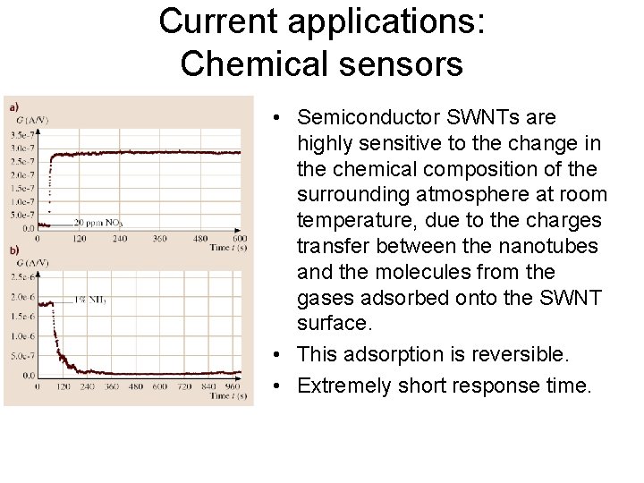 Current applications: Chemical sensors • Semiconductor SWNTs are highly sensitive to the change in