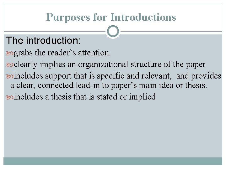 Purposes for Introductions The introduction: grabs the reader’s attention. clearly implies an organizational structure