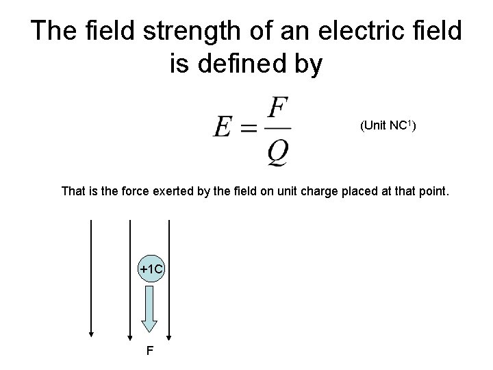 The field strength of an electric field is defined by (Unit NC 1) That