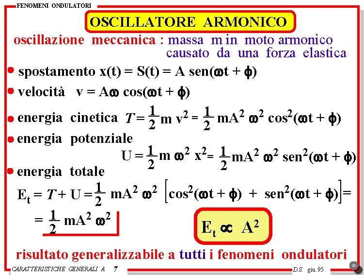 FENOMENI ONDULATORI OSCILLATORE ARMONICO oscillazione meccanica : massa m in moto armonico causato da