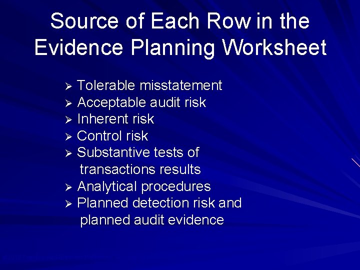 Source of Each Row in the Evidence Planning Worksheet Tolerable misstatement Ø Acceptable audit