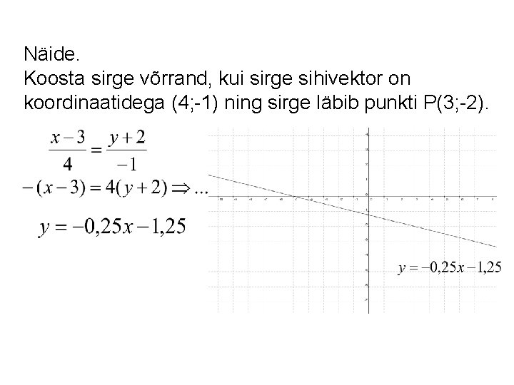 Näide. Koosta sirge võrrand, kui sirge sihivektor on koordinaatidega (4; -1) ning sirge läbib