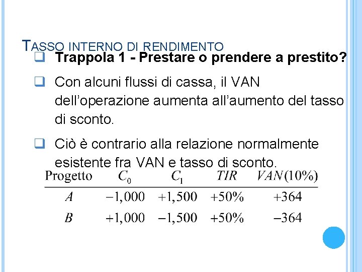 TASSO INTERNO DI RENDIMENTO q Trappola 1 - Prestare o prendere a prestito? q