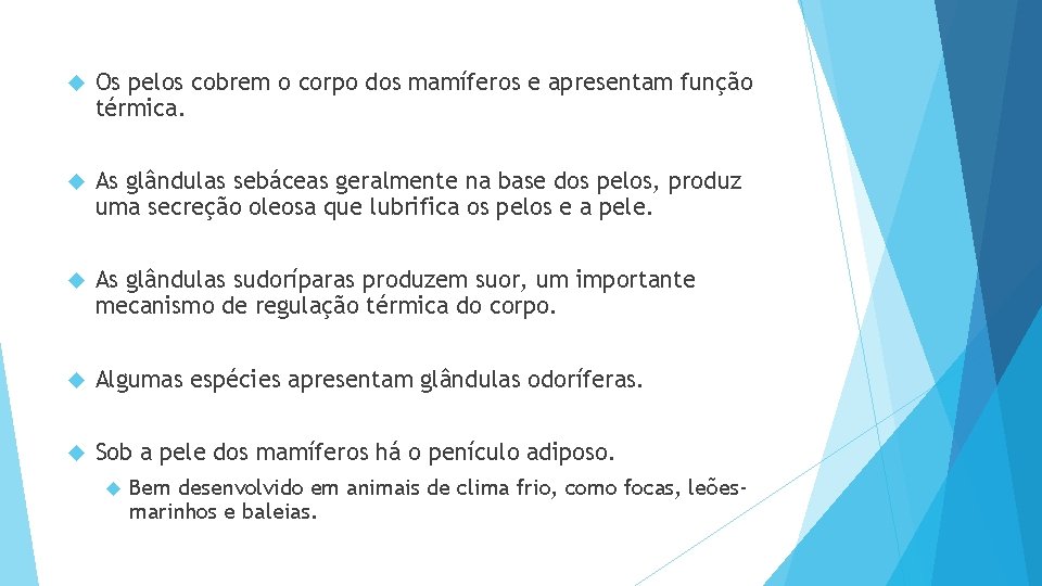  Os pelos cobrem o corpo dos mamíferos e apresentam função térmica. As glândulas