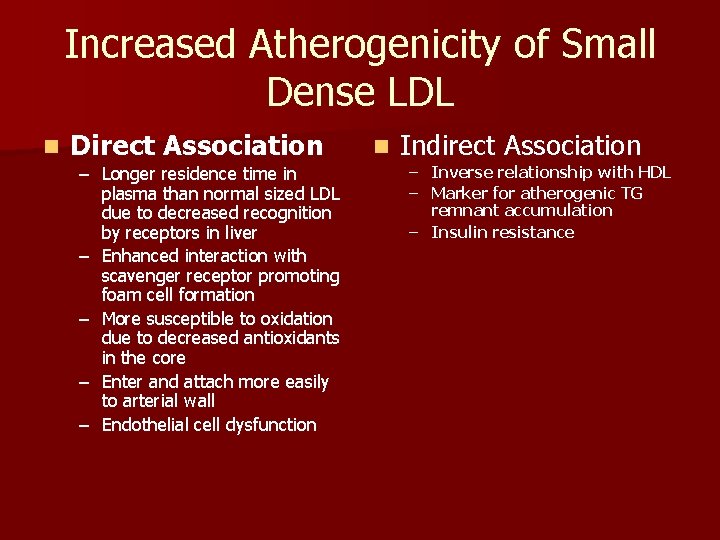 Increased Atherogenicity of Small Dense LDL n Direct Association – Longer residence time in