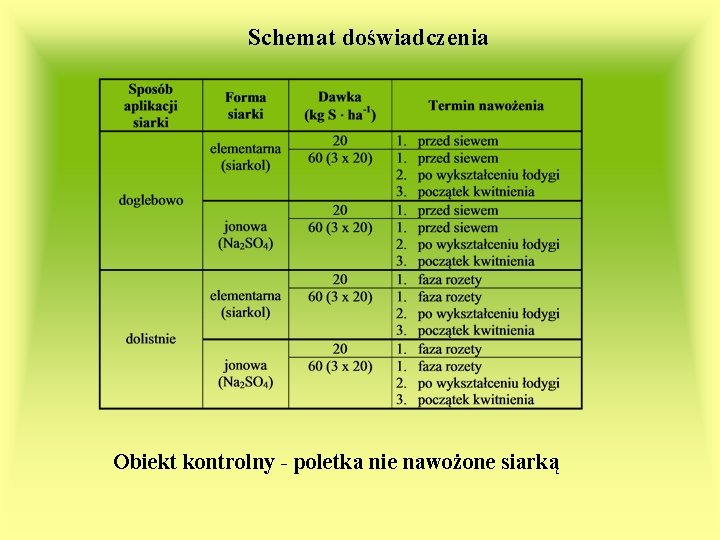 Schemat doświadczenia Obiekt kontrolny - poletka nie nawożone siarką 