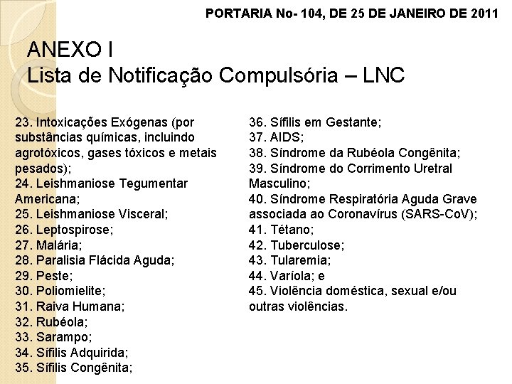 PORTARIA No- 104, DE 25 DE JANEIRO DE 2011 ANEXO I Lista de Notificação