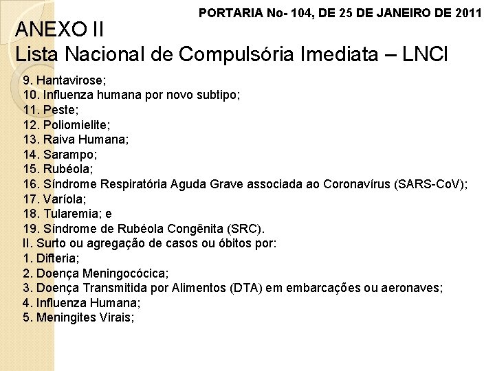 PORTARIA No- 104, DE 25 DE JANEIRO DE 2011 ANEXO II Lista Nacional de