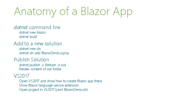 Anatomy of a Blazor App dotnet command line dotnet new blazor dotnet build Add