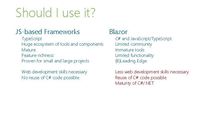 Should I use it? JS-based Frameworks Type. Script Huge ecosystem of tools and components