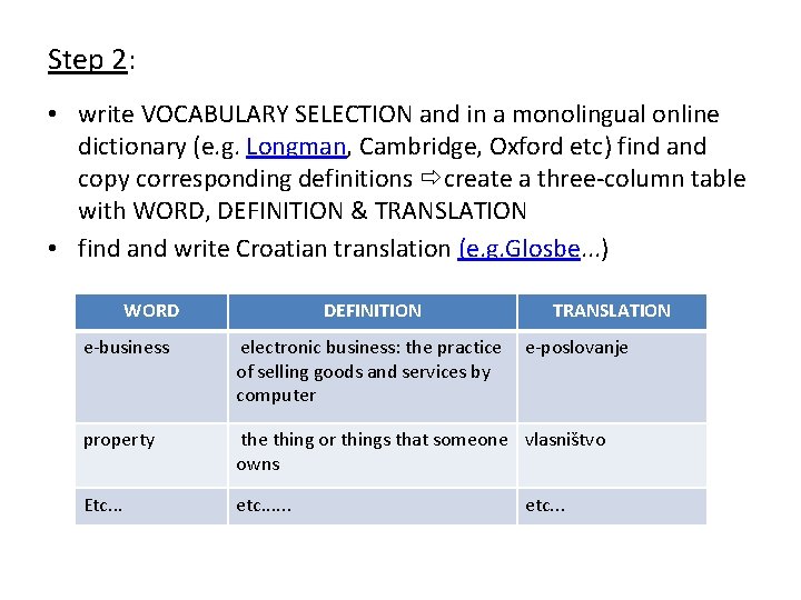 Step 2: • write VOCABULARY SELECTION and in a monolingual online dictionary (e. g.