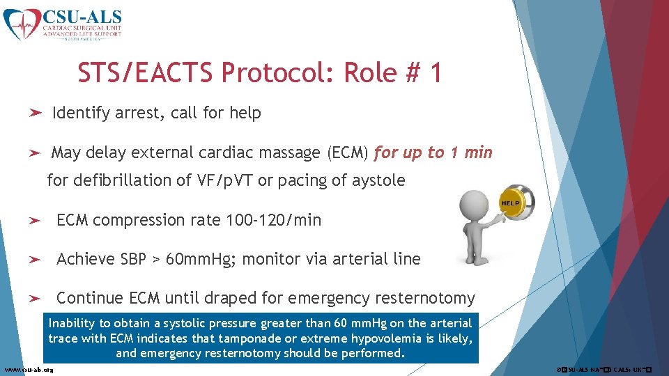 STS/EACTS Protocol: Role # 1 ➤ Identify arrest, call for help ➤ May delay