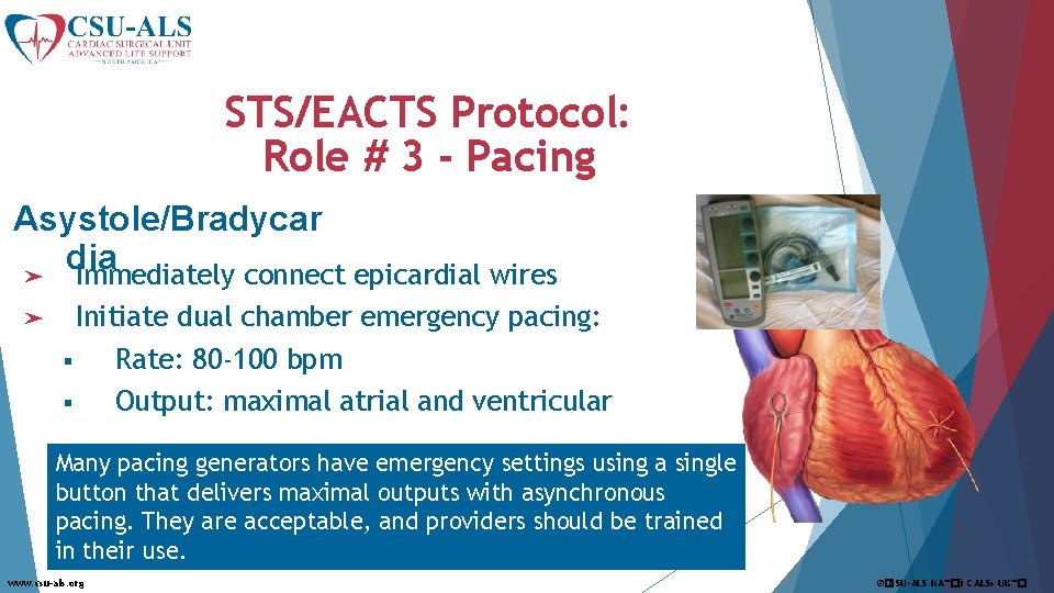 STS/EACTS Protocol: Role # 3 - Pacing Asystole/Bradycar dia ➤ Immediately connect epicardial wires