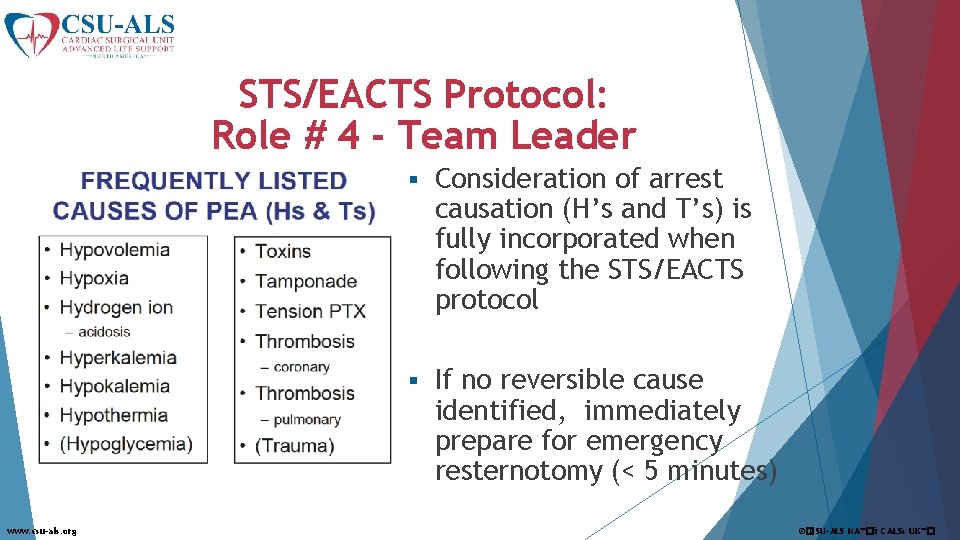 STS/EACTS Protocol: Role # 4 - Team Leader www. csu-als. org § Consideration of
