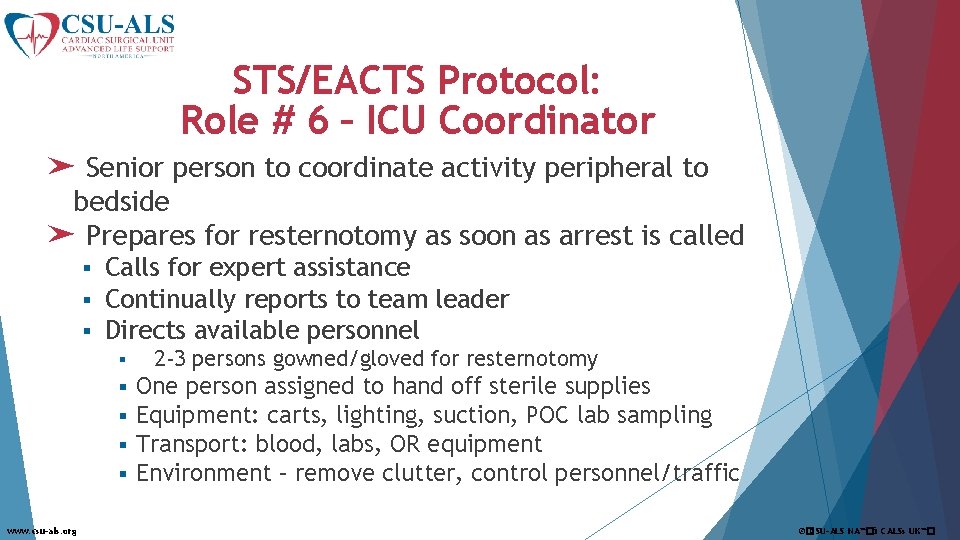 STS/EACTS Protocol: Role # 6 – ICU Coordinator ➤ Senior person to coordinate activity