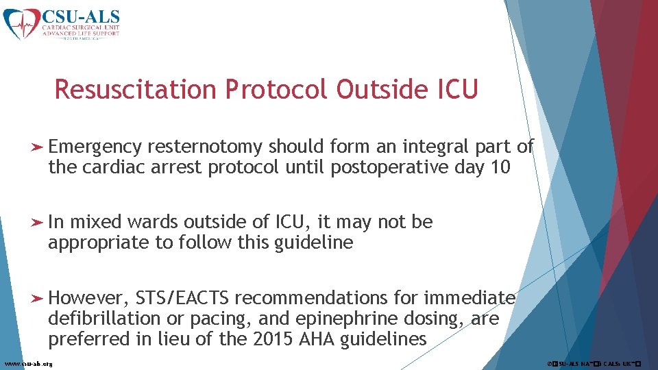 Resuscitation Protocol Outside ICU ➤ Emergency resternotomy should form an integral part of the