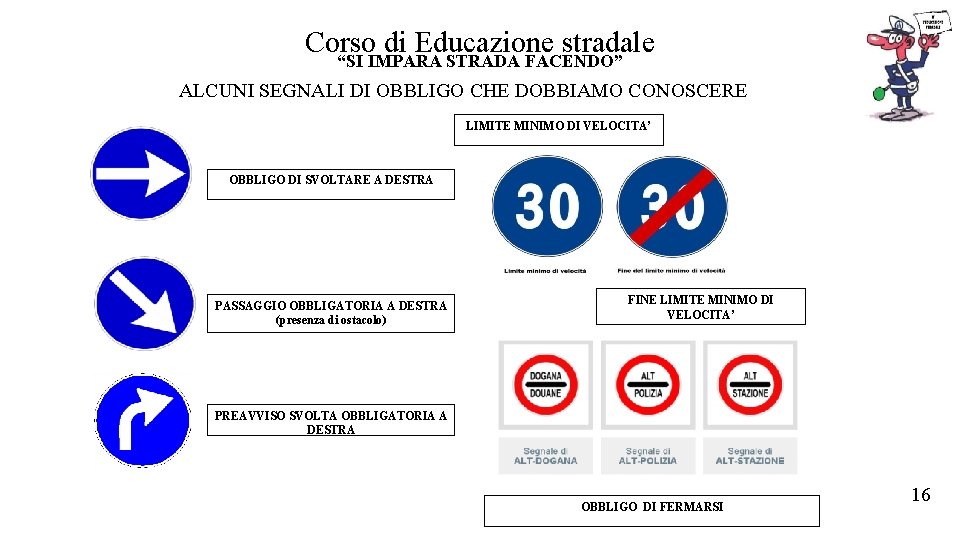 Corso di Educazione stradale “SI IMPARA STRADA FACENDO” ALCUNI SEGNALI DI OBBLIGO CHE DOBBIAMO Corso di Educazione stradale “SI IMPARA STRADA FACENDO” ALCUNI SEGNALI DI OBBLIGO CHE DOBBIAMO