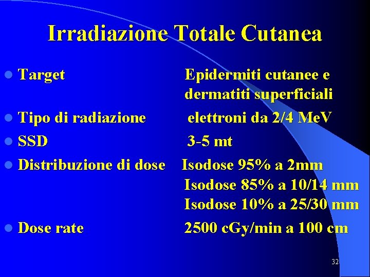 Irradiazione Totale Cutanea l Target Epidermiti cutanee e dermatiti superficiali l Tipo di radiazione