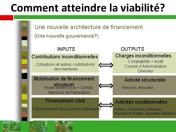 Comment atteindre la viabilité? Une nouvelle architecture de financement (Une nouvelle gouvernance? ) INPUTS