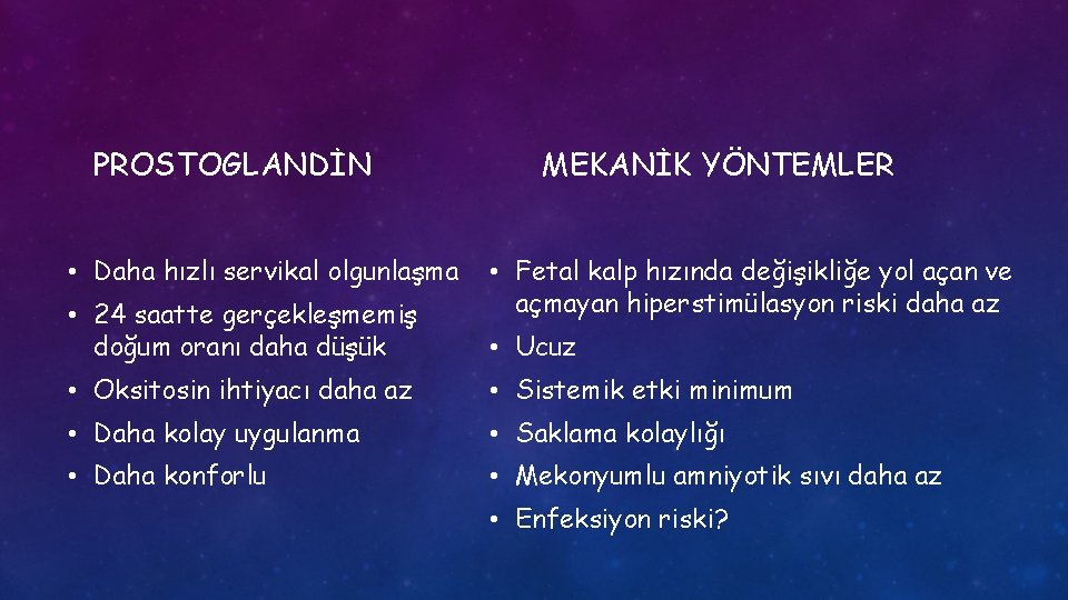 PROSTOGLANDİN • Daha hızlı servikal olgunlaşma • 24 saatte gerçekleşmemiş doğum oranı daha düşük
