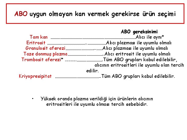 ABO uygun olmayan kan vermek gerekirse ürün seçimi ABO gereksinimi Tam kan ……………………………………Alıcı ile