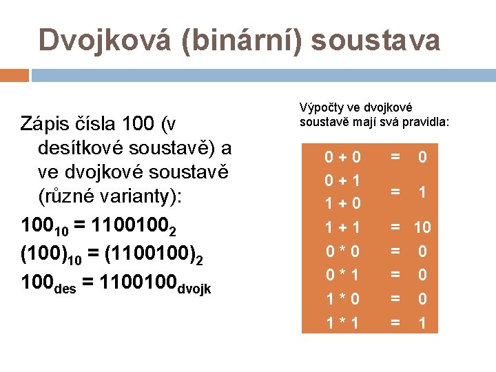 Dvojková (binární) soustava Zápis čísla 100 (v desítkové soustavě) a ve dvojkové soustavě (různé