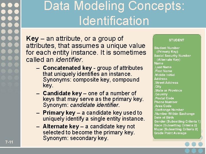 Data Modeling Concepts: Identification Key – an attribute, or a group of attributes, that