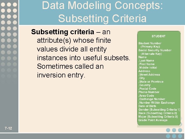 Data Modeling Concepts: Subsetting Criteria Subsetting criteria – an attribute(s) whose finite values divide