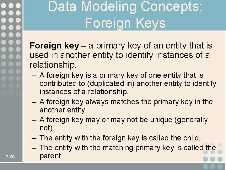 Data Modeling Concepts: Foreign Keys Foreign key – a primary key of an entity