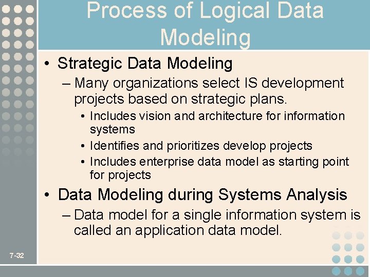 Process of Logical Data Modeling • Strategic Data Modeling – Many organizations select IS