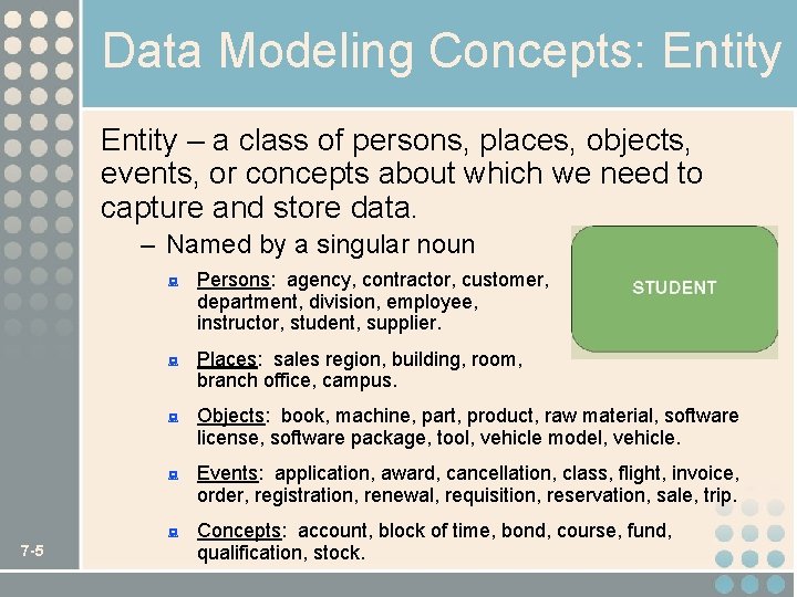 Data Modeling Concepts: Entity – a class of persons, places, objects, events, or concepts