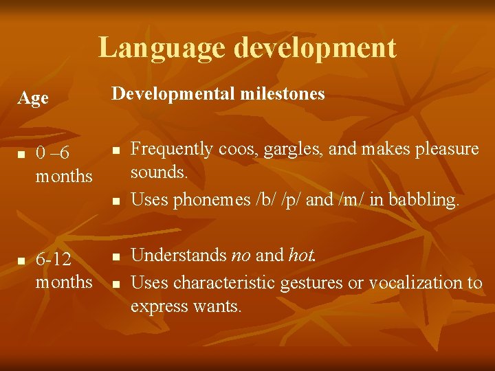 Language development Age n 0 – 6 months Developmental milestones n n n 6