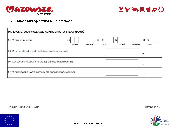 IV. Dane dotyczące wniosku o płatność Warszawa, 3 marca 2017 r. 