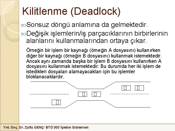 Kilitlenme (Deadlock) Sonsuz döngü anlamına da gelmektedir. Değişik işlemlerin/iş parçacıklarının birbirlerinin alanlarını kullanmalarından ortaya