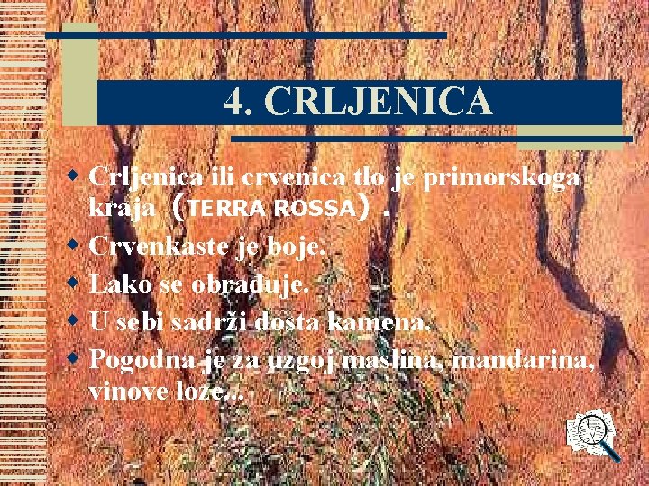 4. CRLJENICA w Crljenica ili crvenica tlo je primorskoga kraja (TERRA ROSSA). w Crvenkaste 4. CRLJENICA w Crljenica ili crvenica tlo je primorskoga kraja (TERRA ROSSA). w Crvenkaste