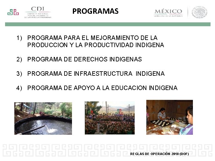 PROGRAMAS 1) PROGRAMA PARA EL MEJORAMIENTO DE LA PRODUCCION Y LA PRODUCTIVIDAD INDIGENA 2)