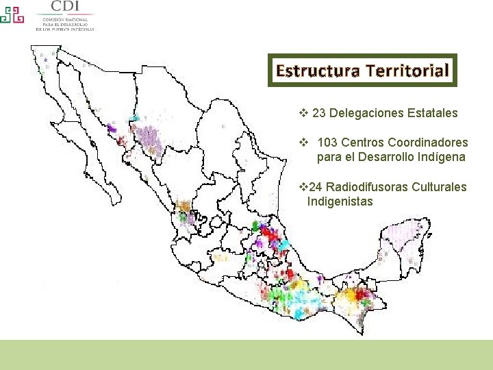 Estructura Territorial v 23 Delegaciones Estatales v 103 Centros Coordinadores para el Desarrollo Indígena