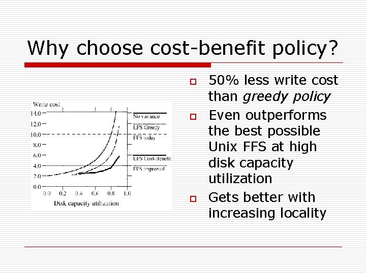 Why choose cost-benefit policy? o o o 50% less write cost than greedy policy